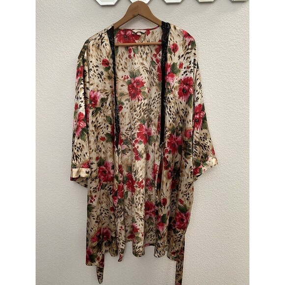 Vintage Secret Treasures Satin Robe 3XL Rose and Leopard Print Lace Trim - Picture 2 of 8